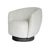 Raiso Swivel Chair upholstered in natural linen fabric with solid oak swivel base, modern luxury design.